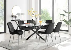 Furniturebox UK Leonardo Black Leg Glass Dining Table & 6 Black Pesaro Silver Leg Chairs