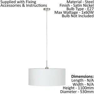 Pendant Ceiling Light Colour Satin Nickel Steel Shade White Fabric Bulb E27 1x60W