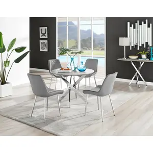 Tierra Modern Chrome Metal & Glass Round Dining Table Set with 4 Luxury Velvet Dining Chairs Silver / Grey/Silver / 75 x 100 x 100cm