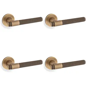 4 PACK - SOLID BRASS Knurled Door Handle Set - Antique Brass Bar Lever on Round Rose