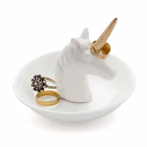 White Unicorn Gold Horn Ring Holder Jewellery Tray Ceramic