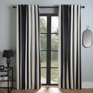 Stripe Blackout Eyelet Curtains Thermal Pair of Ring Top Panels, Mono - 46X72"