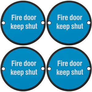 4 PACK - Fire Door Keep Shut Sign 64mm Fixing Centres 76mm Dia Matt Black