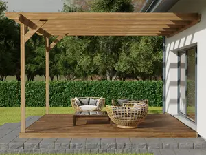 Wall mounted pergola and decking complete diy kit, Corbel design (3.6m x 3.6m, Rustic brown finish)