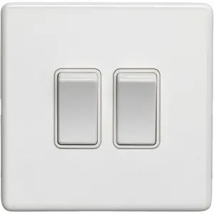 2 Gang Double Light Switch SCREWLESS MATT WHITE 2 Way 10A Metal Rocker Slim