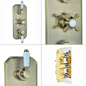 ENKI Regent Antique Brass Crosshead 2-Outlet Solid Brass Thermostatic Triple Shower Valve TSV044