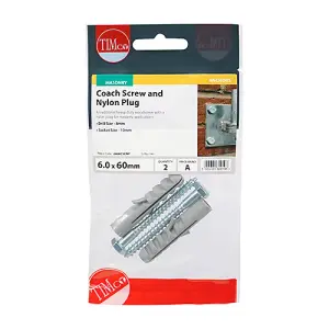 Timco - Coach Screw & Nylon Plugs - Zinc (Size 6.0 x 60 - 2 Pieces)