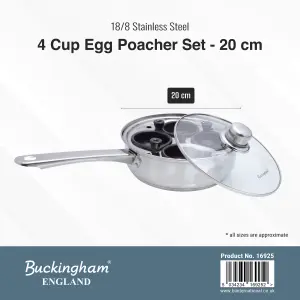 Buckingham Stainless Steel Four Hole Egg Poacher 20 cm with Non-Stick Removable Cups, Silver