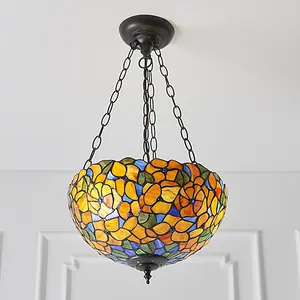 Luminosa Josette 3 Light Medium Inverted Ceiling Pendant Bronze, Tiffany glass, E27