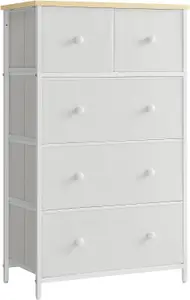 SONGMICS 5 Drawer Fabric Storage Unit, Cloth Storage Drawers Cabinet, for Entryway, Living Room, Oak White