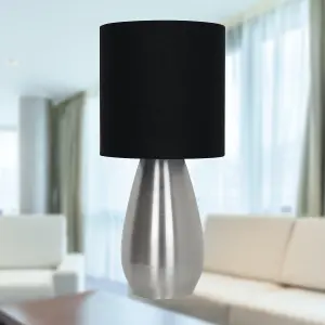 First Choice Lighting Bullet Satin Nickel Touch Table Lamp with Black Fabric Shade