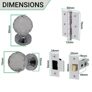 EAI Glass Door Knob Latch Kit - 76mm hinges - 78mm Latch - Polished Chrome