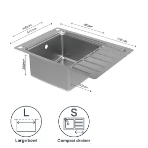 GoodHome Romesco Brushed Stainless steel 1 Bowl Kitchen sink With compact drainer 510mm x 770mm