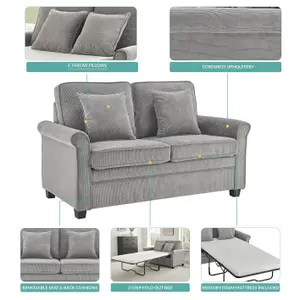 Ramy Corduroy 2 Seater Fold Out Sofa Bed Grey Convertible Sleeper Sofa