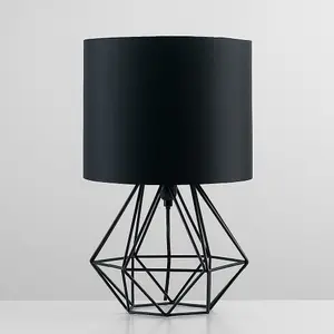 ValueLights Angus Modern Black Metal Basket Cage Bed Side Table Lamp with Black Fabric Shade