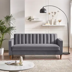 Furniturebox UK Velvet Sofa - 'Kit' 3 Seater Upholstered Grey Fabric Sofa - Vertical Stitching - Modern Living Room Furniture