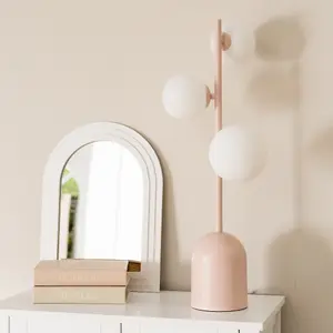 ValueLights Marlow Blush Pink 3 Way Bedside Table Lamp with Glass Globe Lampshades Living Room Bedroom Light