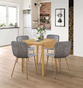 Hallowood Furniture Ledbury Light Oak Drop Leaf Round Dining Table with 4 Grey Leather Effect Chairs