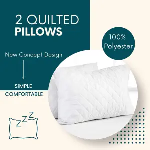 2 x Quilted Pillows, Hotel Quality Bounce Back Soft Bed Pillows