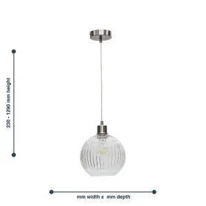 First Choice Lighting Betchley Clear Ribbed Glass Globe with Satin Nickel Pendant Fitting