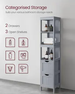 VASAGLE Bathroom Tall Cabinet, Freestanding Bathroom Storage Cabinet, Narrow Storage Unit, with Drawers, 3 Open Shelves, Dove Gray