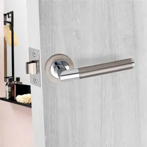 Golden Grace Mitred Design Door Handle Dual Finish Satin Nickel/Polished Chrome, 64mm Bathroom Mortise Lock on Round Rose