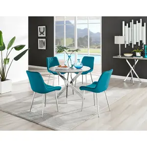 Tierra Modern Chrome Metal & Glass Round Dining Table Set with 4 Luxury Velvet Dining Chairs Silver / Blue/Black / 75 x 100 x 100cm