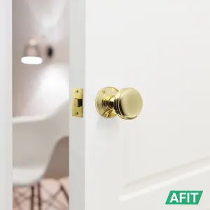 AFIT Lined Door Knob Set Polished Brass - 2 Pairs of Mortice Knobs (55mm), Latch (76mm) & Hinges (76mm) for Internal Doors