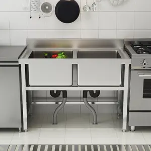 110cm Double Bowl Commercial Freestanding Stainless Steel Kitchen Catering Sink with Splashback for Food Prep