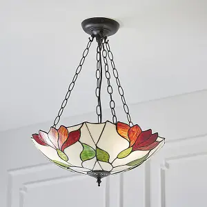 Luminosa Botanica 3 Light Inverted Ceiling Pendant Dark Bronze, Tiffany glass, E27