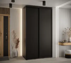 Sleek Black Sliding Door Wardrobe H2050mm W1300mm D600mm with Black Steel Handles and Decorative Strips