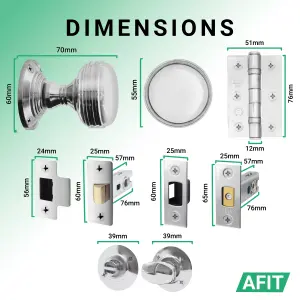 AFIT Lined Door Knob Set Polished Chrome - 1 Pair of Mortice Knobs 55mm, Latch & Deadbolt Kit 76mm, Hinges 76mm & Turn & Release