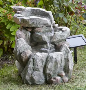 Solar Powered Rock Fall Fountain - Stone Effect Outdoor Garden Cascading Water Feature Decoration - H51 x W46 x D40cm