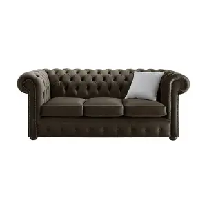 Chesterfield 3 Seater Malta Mushroom Brown Velvet Fabric Sofa In Classic Style