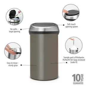 Brabantia 60 Litre Touch Bin Platinum / Matt Steel