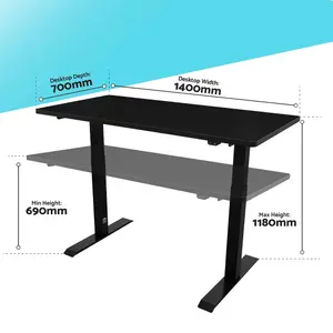 Dellonda Black Electric Adjustable Standing Desk, Quiet, Home Office, 1400x700mm