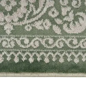 Green Cream Bordered Traditional Distressed Runner Rug 60x240cm