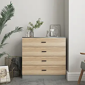 URBNLIVING Height 73cm 4 Drawer Wooden Bedroom Chest Cabinet Modern Grey Carcass and Oak Drawers Wide Storage Cupboard Closet