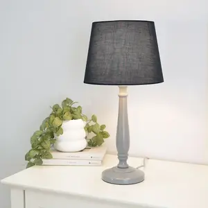 ValueLights Victoria Traditional Grey Wood Candlestick Table Lamp with Black Tapered Shade