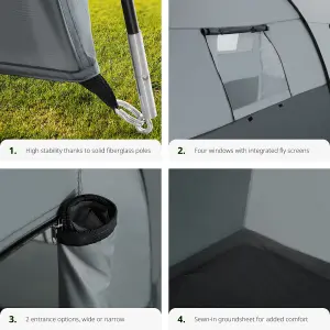 Tent Roskilde - for 6 people, with awning, groundsheet, 4 windows with mosquito nets - light grey/dark grey