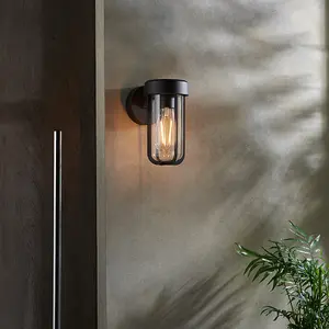 Matt Black Outdoor Wall Light with Clear Glass Shade - IP44 Rated - LED Bulb