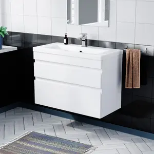 Nes Home 800mm Wall Hung Gloss White Basin Vanity Sink 2 Drawers