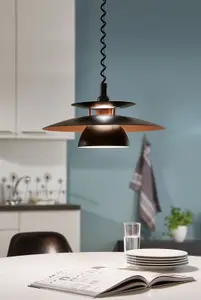 Pendant Ceiling Light Height Adjustable Colour Black Shade Black Copper Bulb E27 1x60W