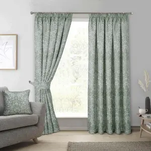 Keswick Green Woven Leaf 3" Pencil Pleat Curtains