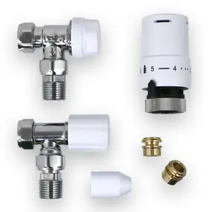 Tower TRV Thermostatic Radiator Valve White Angled Lockshield 10-15mm Head Set