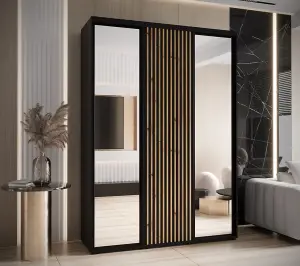 Sapporo II Black Mirrored Sliding Door Wardrobe with Lamella Effect (H)2050mm (W)1800mm (D)600mm