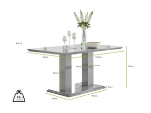 Imperia Grey High Gloss 6 Seater Dining Table with Structural 2 Plinth Column Legs Light Grey Fabric Black Leg Falun Chairs