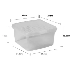 Wham Clip 3x 9L Square Plastic Storage Boxes with Secure Clip Lock Lids. L:29 x W:29 x H:15.5cm Clear/Clear/Clear