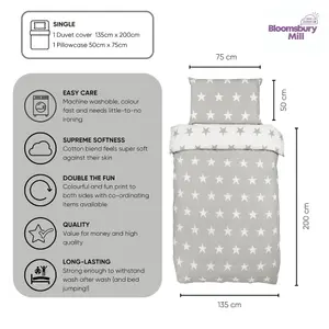 Bloomsbury Mill - Grey and White Stars Kids Reversible Single Bed Duvet Cover and Pillowcase Set - Single - 135 x 200cm