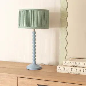 ValueLights Bobbins Powder Blue Table Lamp with Ruched Pleated Green Drum Lamp Shade and LED Bulb